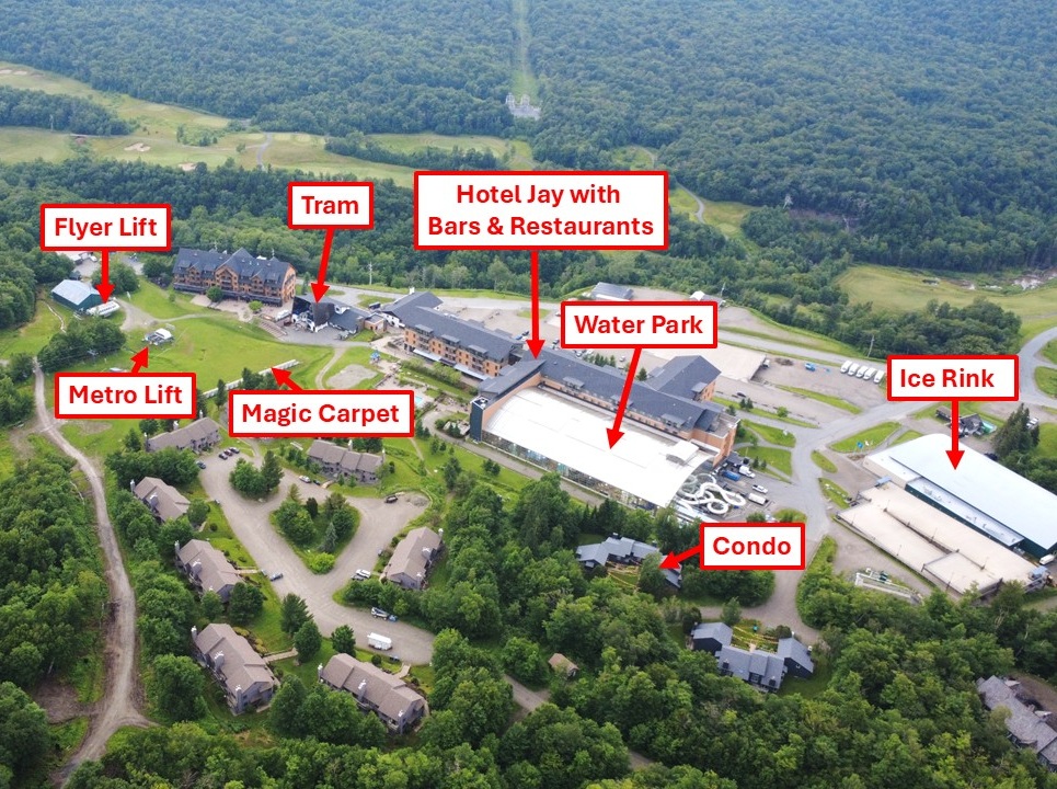 Aerial map of Jay Peak Resort showing T408 condo location relative to lifts, tram, waterpark and ice rink